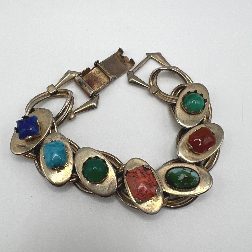 Vintage Gold Tone Multicolor Stone Link Bracelet Chunky Boho Statement 7.5"